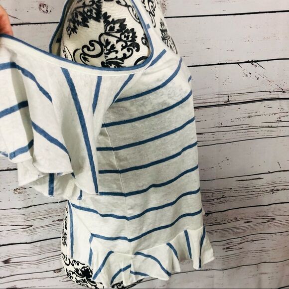 CHASER Striped Linen Cold Shoulder Ruffle Crossover Back Top Shirt White Blue XS - Picture 5 of 10
